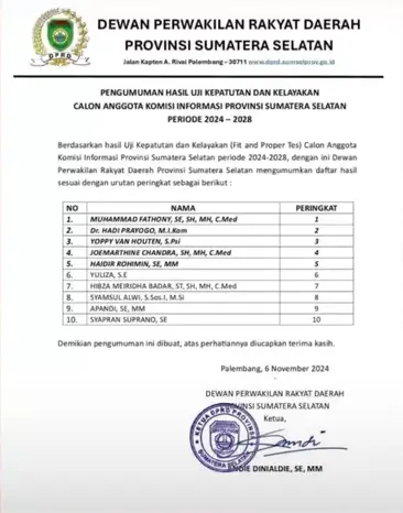 Pengumuman Hasil Uji Kepatuhan dan Kelayakan calon anggota Komisi Informasi Sumsel periode 2024-2028