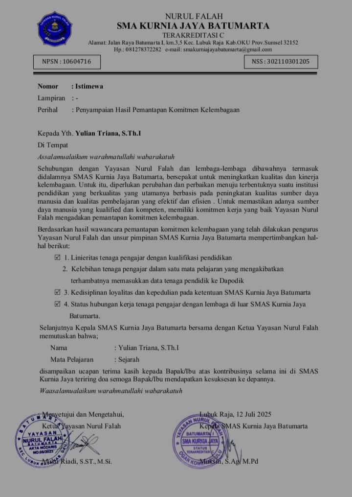SK Pemberhentian Yulian Triana dari SMA Kurnia Jaya