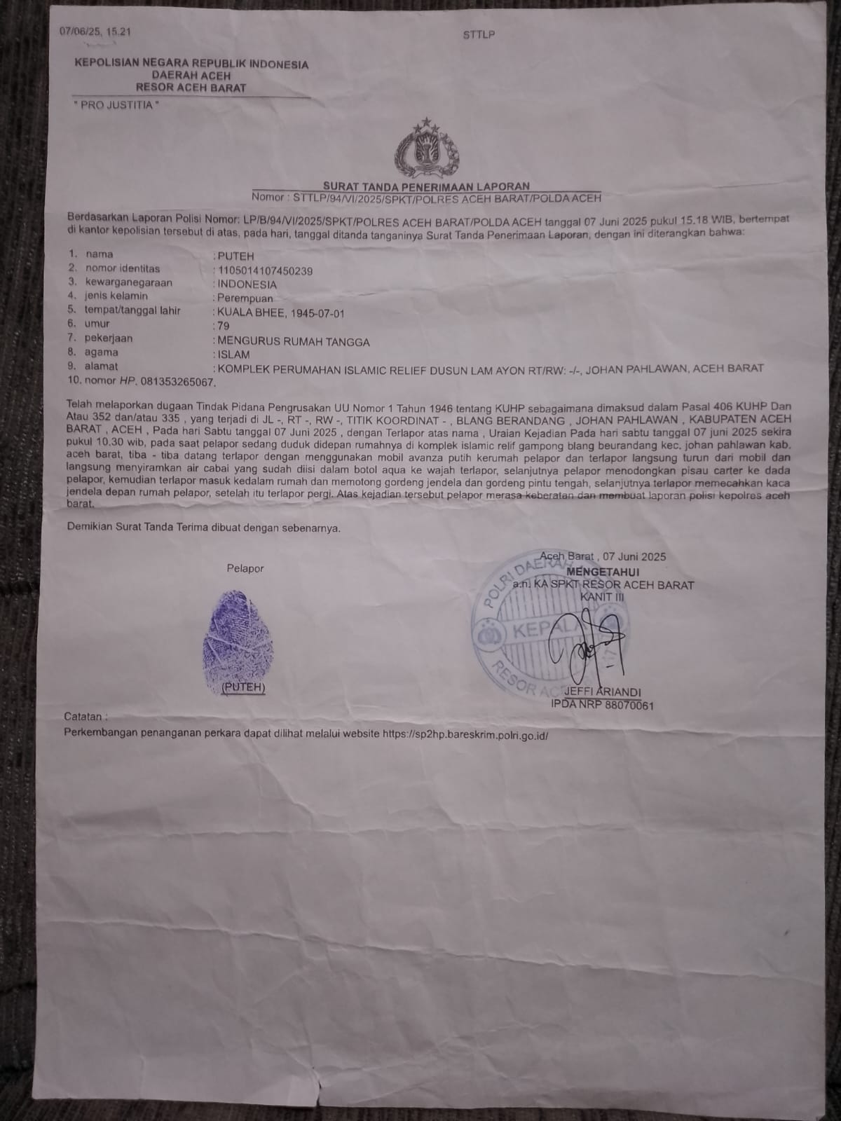 Surat Bukti laporan